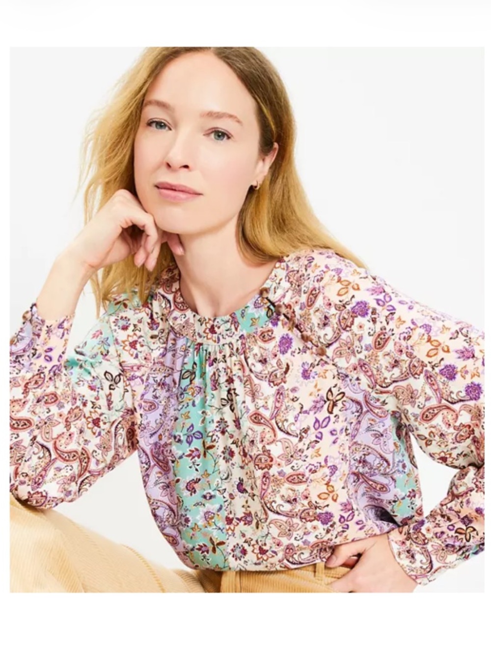 LOFT Herringbone Paisley Button Raglan Long-Sleeve Blouse in Lavender and Mint